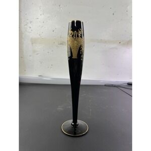 Central Glass Works Bud Vase Black Glass Gold Basket Etch 10 inch